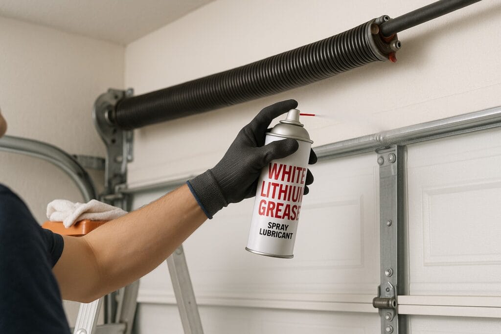 How Climate In Houston Affects Garage Door Maintenance Needs 3 Close-up of a person applying white lithium grease to torsion springs during routine garage door maintenance to ensure smooth operation.