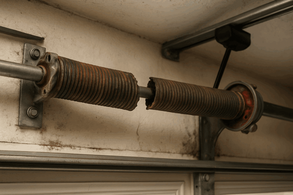 Houston, Tx Garage Door Repairs For Attached Vs. Detached Garages 3 Broken garage door spring requiring professional garage door repairs.