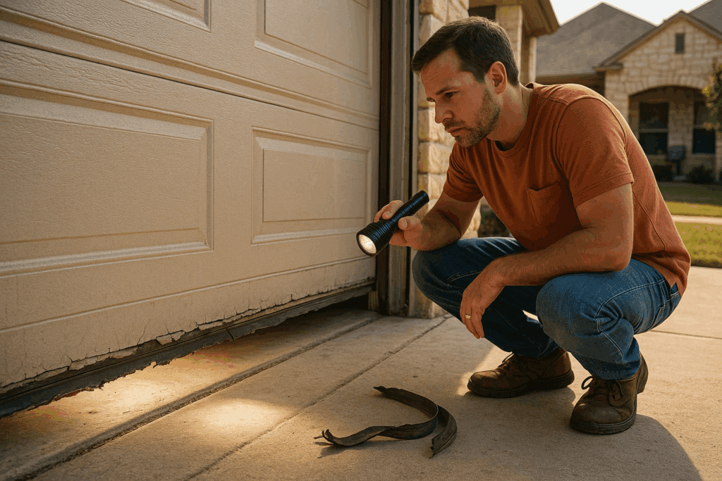 Homeowner inspecting damaged weather seal with flashlight, highlighting the need to repair garage door for proper sealing.
