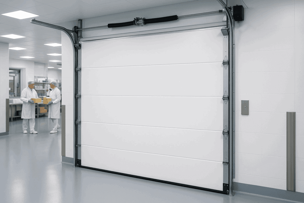 Clean pharmaceutical facility with sleek industrial garage door ensuring sterile and secure environment.