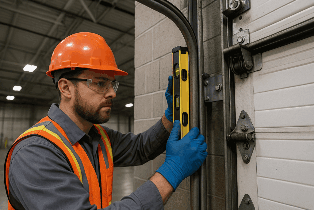 Technician using level tool to check alignment of commercial garage door tracks during professional inspection.