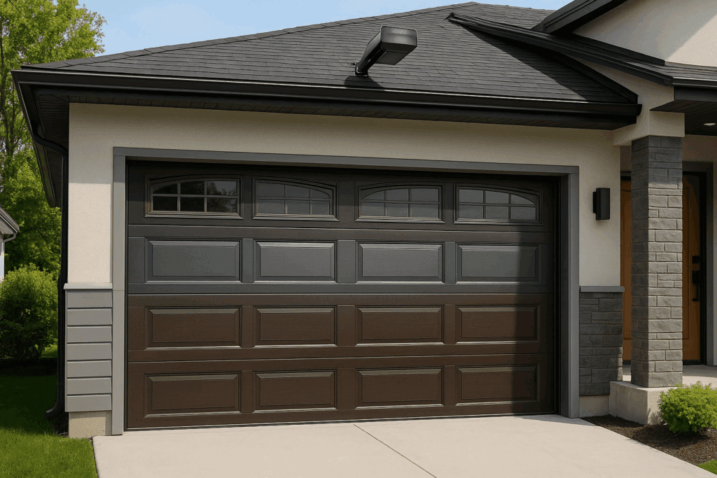 Brown modern garage doors with decorative windows on contemporary home.