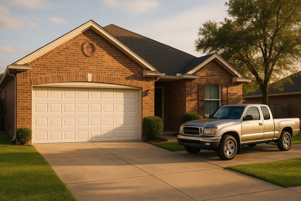 Houston, Tx Garage Door Maintenance: Affordable And Expert Services For Your Doors 4 Suburban home with a newly serviced white garage door and well-maintained driveway, showcasing curb appeal and reliable home maintenance.