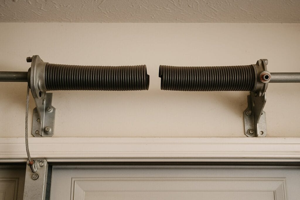 Houston, Tx Garage Door Maintenance: Affordable And Expert Services For Your Doors 3 Close-up of a broken torsion spring on a garage door, showing a clean separation in the coil that indicates the need for immediate professional repair.